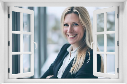 Confident businesswoman with blonde hair smiling warmly in a modern office setting, representing professional success and positive energy.