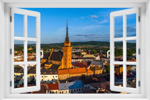 Picturesque cityscape of Old Town Cathedral and market square in Tarnow, Lesser Poland. Aerial drone view