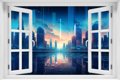 Futuristic Cityscape at Sunset with Reflected Skyline and Glowing Buildings