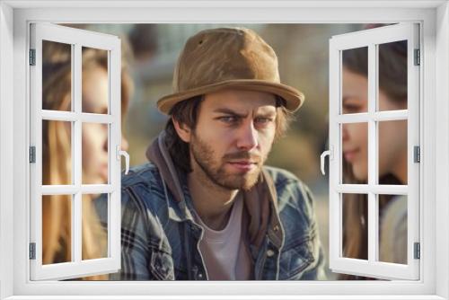 young man with two young woman, love triangle, outdoors shot