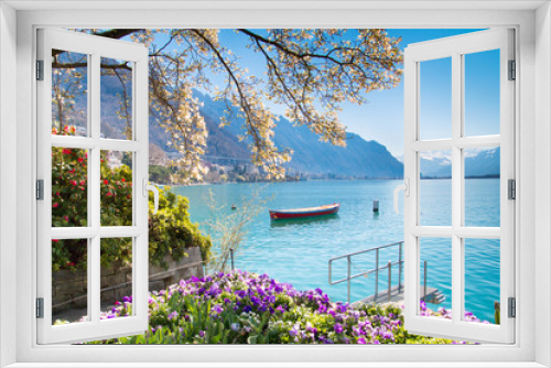 Fototapeta Naklejka Na Ścianę Okno 3D - Flowers, Mountains and Lake Geneva in Montreux, Switzerland