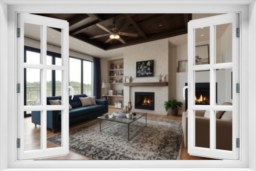 Modern professional photograph of a navy blue and silver luxury living room interior with floor-to-ceiling windows and a cozy fireplace