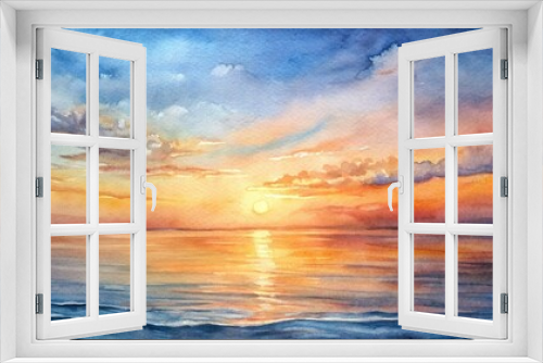 A tranquil seascape painting capturing the beauty of a sunset over the ocean, rendered in soft watercolor tones, conveying a sense of calm and serenity