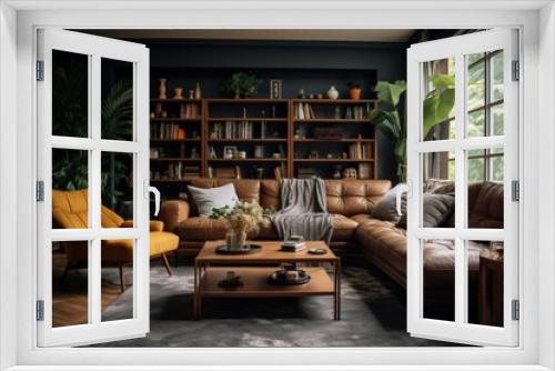 a living room filled with furniture and a large window