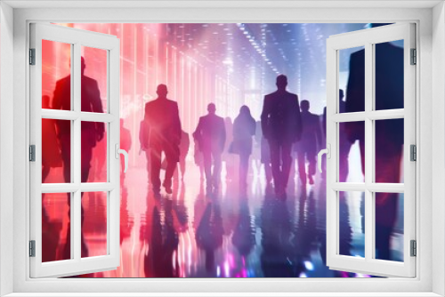 Blurred crowd of business people walking in an office corridor, captured with motion blur effect and bokeh background, the dynamic nature of the corporate industry and human resources environment