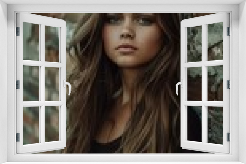 Portrait of a young woman with long brown hair wearing a black shirt standing in front of a brick wall. AI.