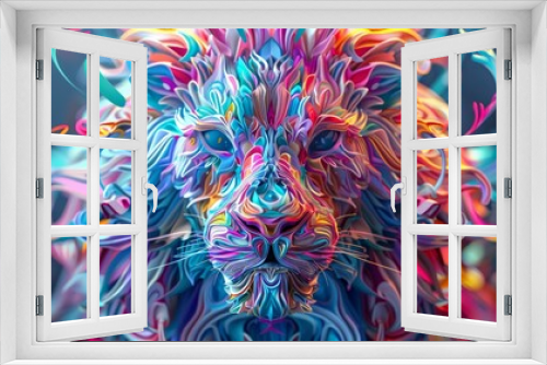The head of a lion is painted with bright floral patterns, with the look of energy-filled illustrations. Stock artificial intelligence
