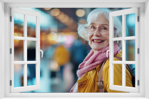 Elderly woman at the airport, bus station, or train station. Independent solo travel and active life concept