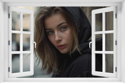 Attractive female model wearing a black hoodie and standing in the street and posing for the camera