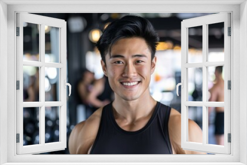 smiling portrait featuring a cheerful young male Asian fitness instructor in an indoor gym fitness center. His positive demeanor radiates enthusiasm and motivation.