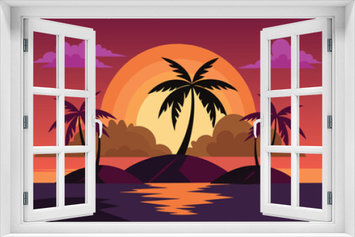 Fototapeta Naklejka Na Ścianę Okno 3D - Vector of Palm Trees on and Island at Sunset design