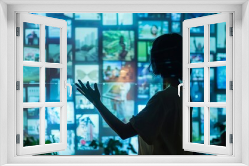 A person using a hand gesture to navigate through news stories projected onto a wall in their home.