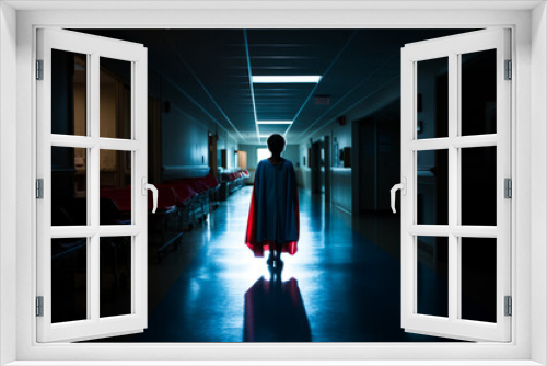Person in long hallway with red cape on.