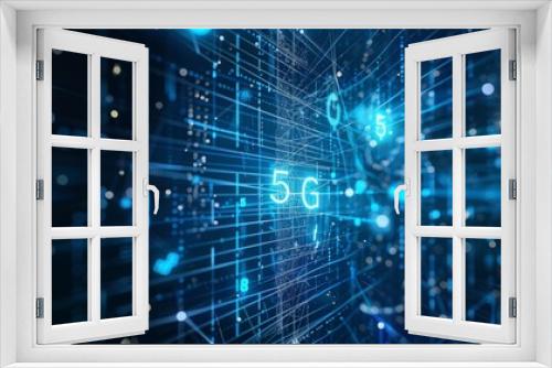 Background with digital data as digits connected to each other and forming the symbol 5G on a blue background. New generation mobile networks.