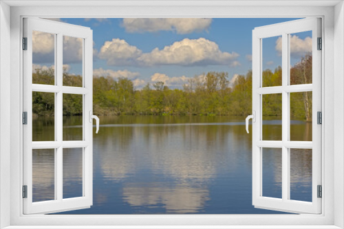 Fototapeta Naklejka Na Ścianę Okno 3D - Lake with spring trees blue sky with fluffy clouds reflecting in the water in Het Broek nature reserve, Willebroek, Flanders, Belgium