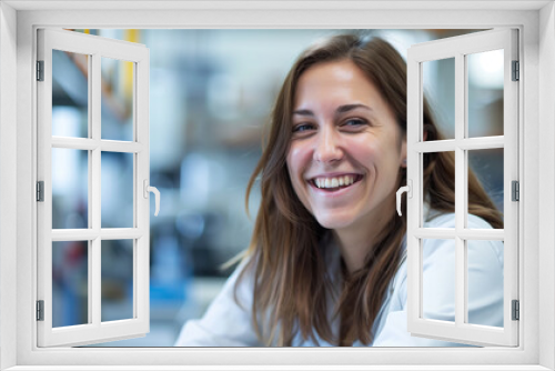 Smiling Female Scientist in Laboratory, Wearing Lab Coat, Research and Innovation