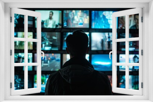 a man standing in front of a wall of televisions