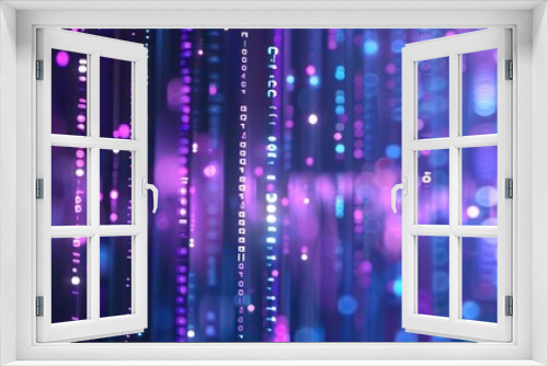 Digital background featuring blue and purple glowing data, light particles, bokeh lights