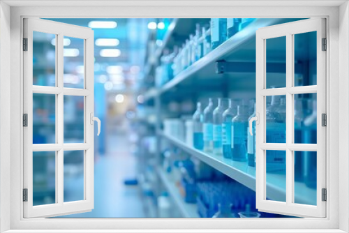 Blurred background of a laboratory interior with shelves and test tubes in a medical center, having a light blue color theme