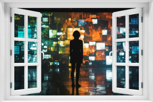 Silhouette of a woman standing in front of a wall filled with cubes, creating a geometric and abstract visual
