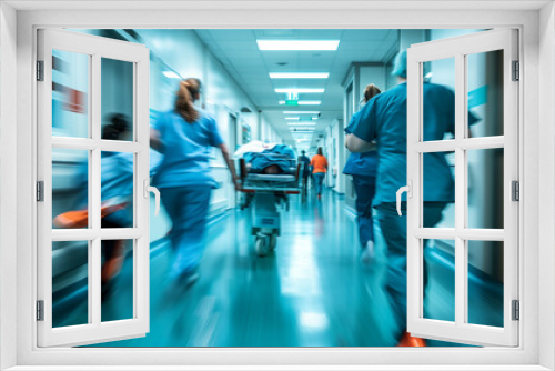 A group of doctors in medical attire walking briskly down a brightly lit hospital hallway, focused and determined