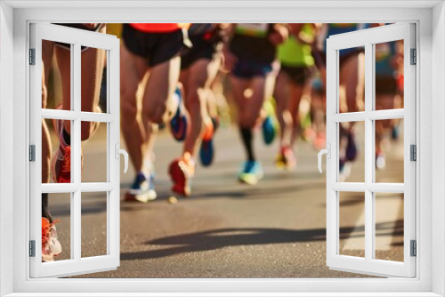 A detailed image of a marathon race, with runners nearing the finish line and expressions of determination, leaving space for copy