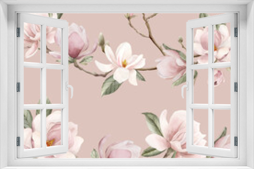 Fototapeta Naklejka Na Ścianę Okno 3D - Magnolia branch. Watercolor floral seamless pattern on peach pink background for flower fabric, cosmetic packaging