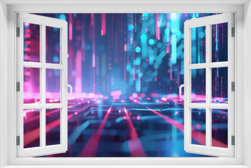  neon glowing lines and data flow against a dark backdrop, accentuated by pink and blue light streaks. The blurred abstract futuristic technology scene highlights dark tones