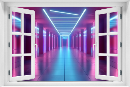 Futuristic Sci-Fi Interior with Blue and Pink and Purple Neon Lights, Spaceship Corridor Design, Product Background