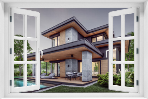 Fototapeta Naklejka Na Ścianę Okno 3D - 3d rendering of modern two story house with gray and wood accents, large windows, parking space in the right side of the building. Clear summer evening with cozy light from window