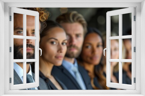 Close-up of a diverse group of well-dressed business professionals in an office environment