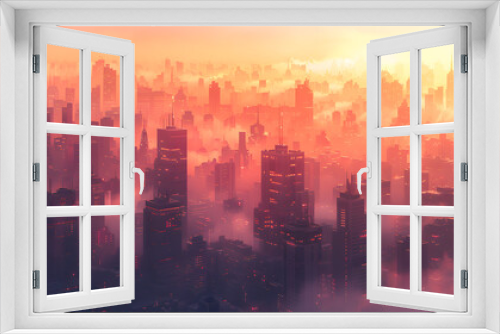 City skyline in foggy sunset, creating a painting of pink and red sky at dusk