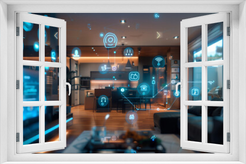 A sophisticated and modern living space equipped with advanced smart home technology, featuring interactive holographic displays and seamless integration of digital interfaces 