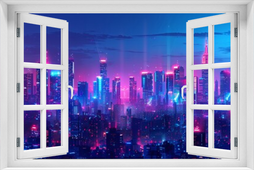 Futuristic urban panorama with neon lighting effects. Hi-tech cityscape design for a digital technology banner background