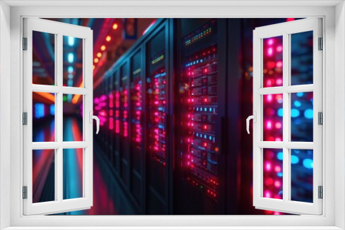 Rows of server racks with bright red and blue lights in futuristic data center.