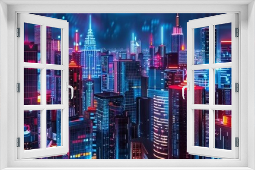 Neonlit tech city, buildings as circuit boards, vibrant depiction of a digital metropolis