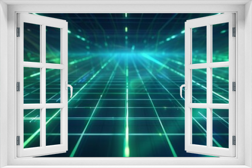 The image is a glowing green grid in perspective going into the distance with a bright light at the end of the grid.