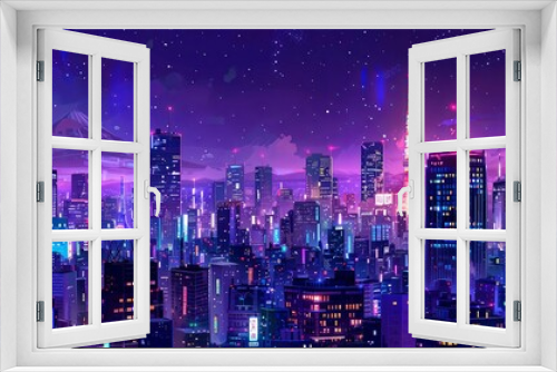 futuristic purple japanese urban cityscape at night digital illustration