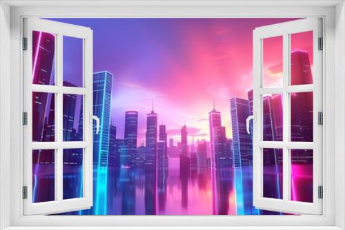 futuristic minimalist cityscape with sleek geometric buildings neon lights cyberpunk aesthetic 3d illustration