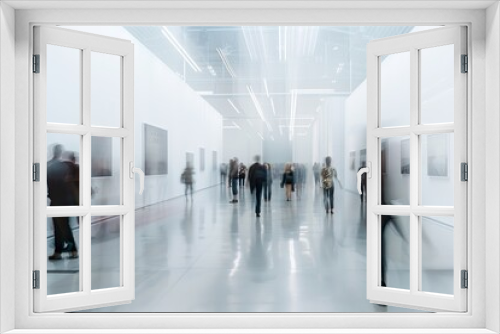 Art gallery museum modern people culture. Interior wall painting exhibition flat show contemporary walk exposition picture visitor artwork abstract white man group exhibit blur
