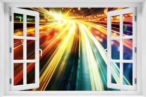 Abstract cityscape background featuring a night highway with illuminated road lights, capturing the motion of traffic. The image has a long exposure, creating a dynamic and blurred effect.