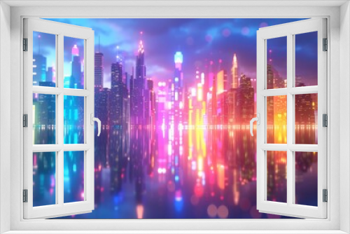 Vibrant cityscape at night with neon lights reflecting on water. Skyscrapers glow in shades of pink, blue, and yellow, creating a futuristic, dreamlike atmosphere. The scene evokes a sense of wonder