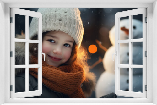 Happy Child Hugging a Snowman on a Winter Evening