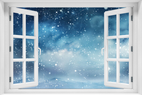 Celestial winter beauty: Starry night sky with soft snowflakes gently falling over a serene snowy landscape
