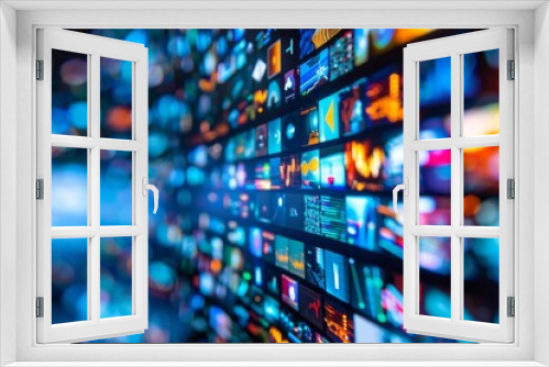 Colorful digital screen with multiple images in a blurred perspective, representing technology, media, and innovation.