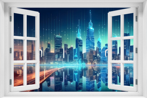 Neon night city skyline,business technology futuristic background. 