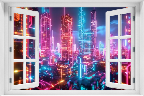 A vibrant cityscape with towering skyscrapers made of neon light tubes and glowing circuits