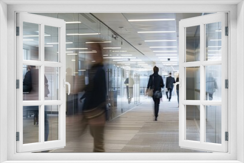 Blurred business people fast movement in office. Place of work. Office blurred people. Abstract light bokeh at modern open space interior background for design. Group of employees at coworking center