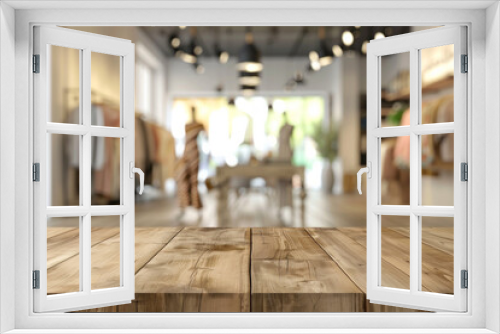 A wooden display table in the foreground with a blurred background of a fashion boutique. The background features stylish clothing racks, mannequins dressed in the latest fashions.