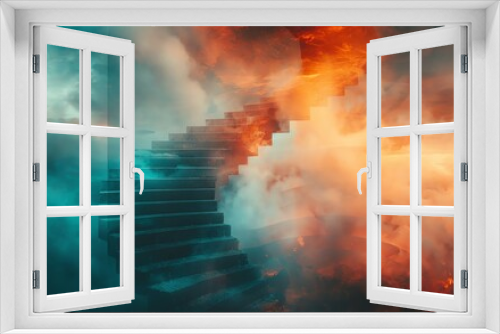 Surreal staircase ascending through vibrant orange and teal clouds, creating a dreamlike abstract scene.